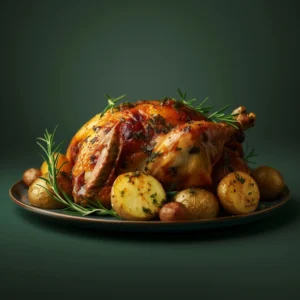 Golden-brown roast chicken with crispy skin and juicy meat.